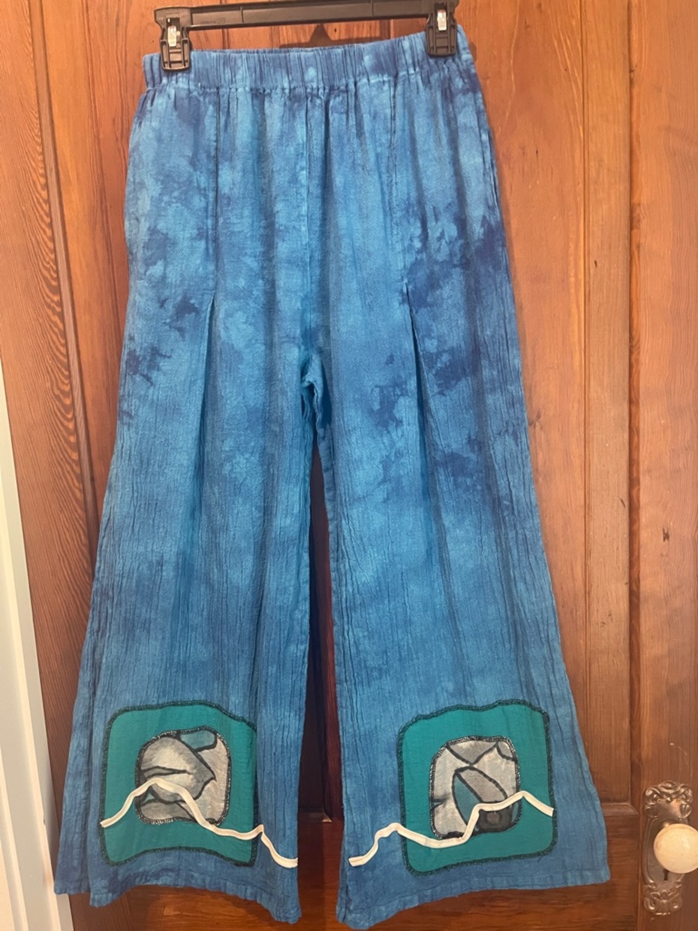 Blue Wide-Leg Cotton gauze Pants with Patch Detail